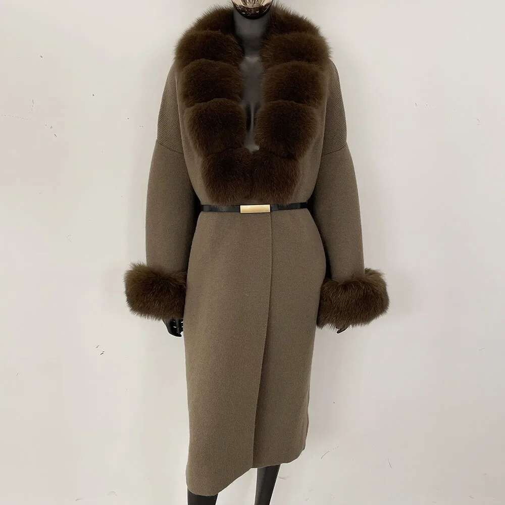Long Knitwear Warm Belt Real Fox Jacket Female New Autumn Winter Kintted Natural Fur Coat Women