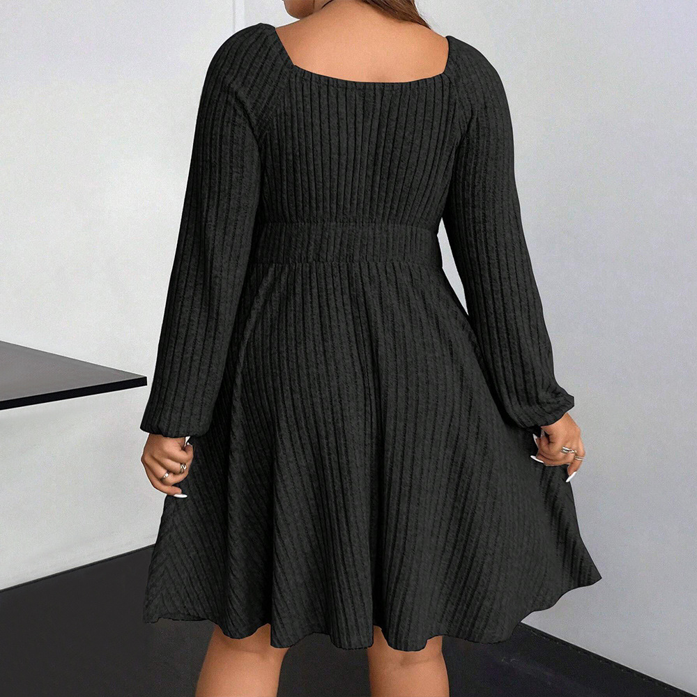 Autumn and Winter New Plus Size Womens Square Neck Long Sleeved Waist Cinched Mini Fleece Pit Stripe Dress