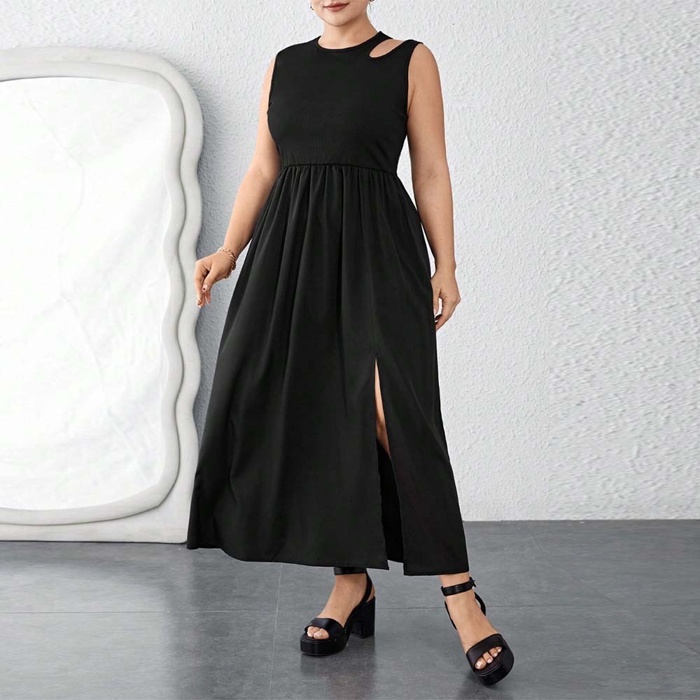 Summer New Large Round Neck Waist Split Skirt Tank Top Sleeveless Splicing Dress