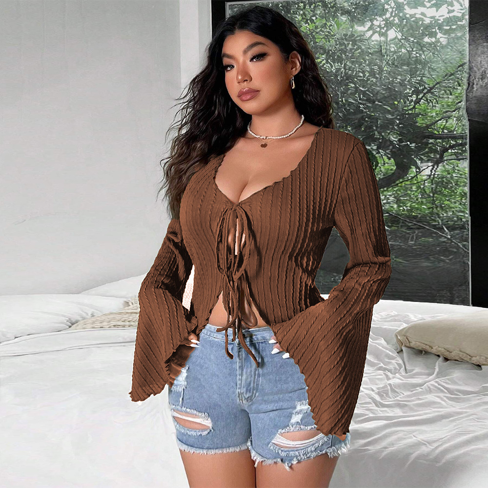 Large Size Womens Sexy Sweet and Spicy V-neck T-shirt Autumn and Winter New Item Trumpet Sleeve Slim Fit Lace Up Cardigan Top