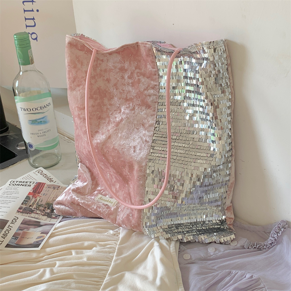 2025S designer new women trendy sparkling pink patchwork silver sequin niche large capacity commuting shoulder canvas bag handbag