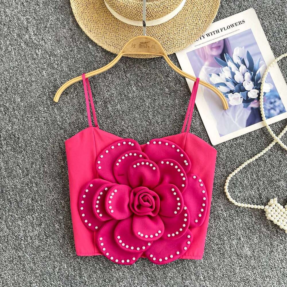 New Summer Women Elegant Chic Tiered Three-dimensional Floral Beading crop Slim vintage Sexy tank Top sweet Beach Camis