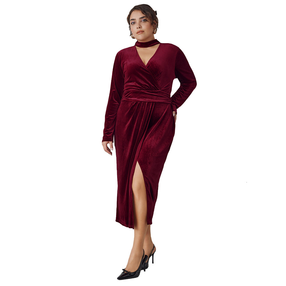 Plus Size Womens French Queen Wine Red Dress Autumn and Winter Korean Velvet Slit Long Skirt