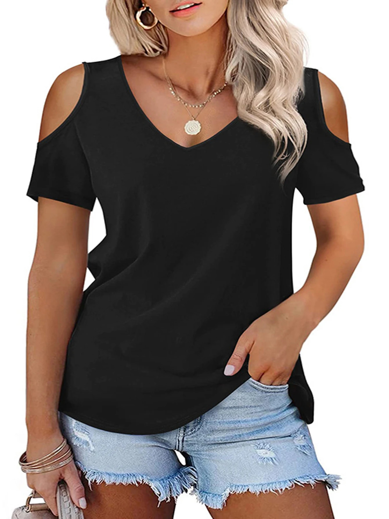 Plus Size 2024 Summer Womens Short sleeved Sexy Off Shoulder Vneck Basic Solid Color Tshirt Top 250514
