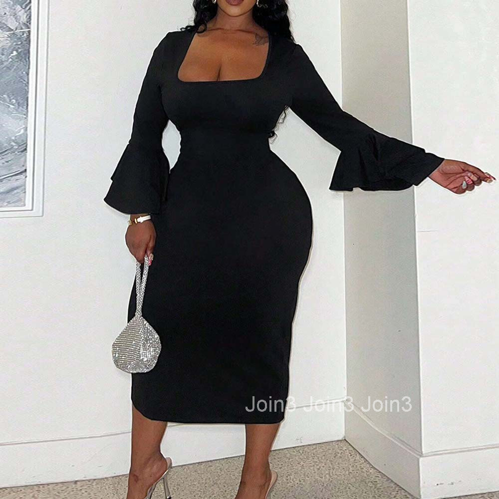 Plus Size Womens Sexy and Elegant Dress Autumn and Winter Square Neck Ruffle Sleeves Slim Fit Mid Length Skirt