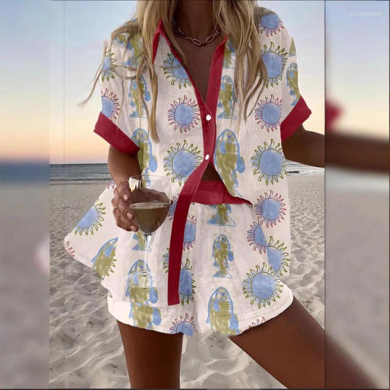 Women's Tracksuits Fashion Print Beach Holiday 2 Piece Set Women Summer Short Sleeve Shirt Top Wide Legs Shorts Oversize Two Outfit