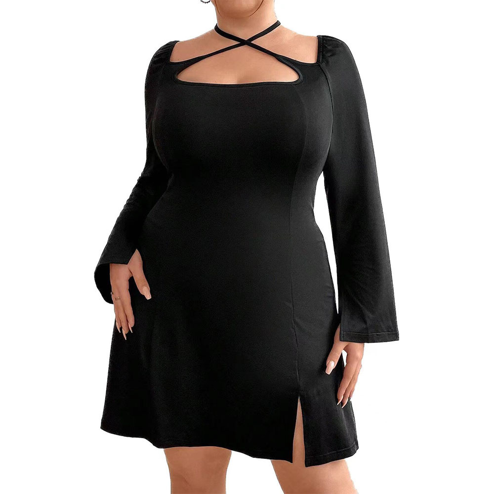 Large Size Womens Autumn and Winter New Slim Fit Bag Hip Slit Long Sleeved Sexy Mini Dress