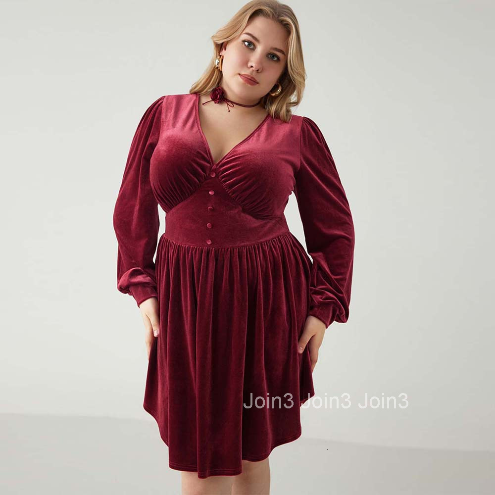 Large Size Womens Elegant Temperament Dress Autumn and Winter V-neck Wine Red High Waisted Short Skirt for Women