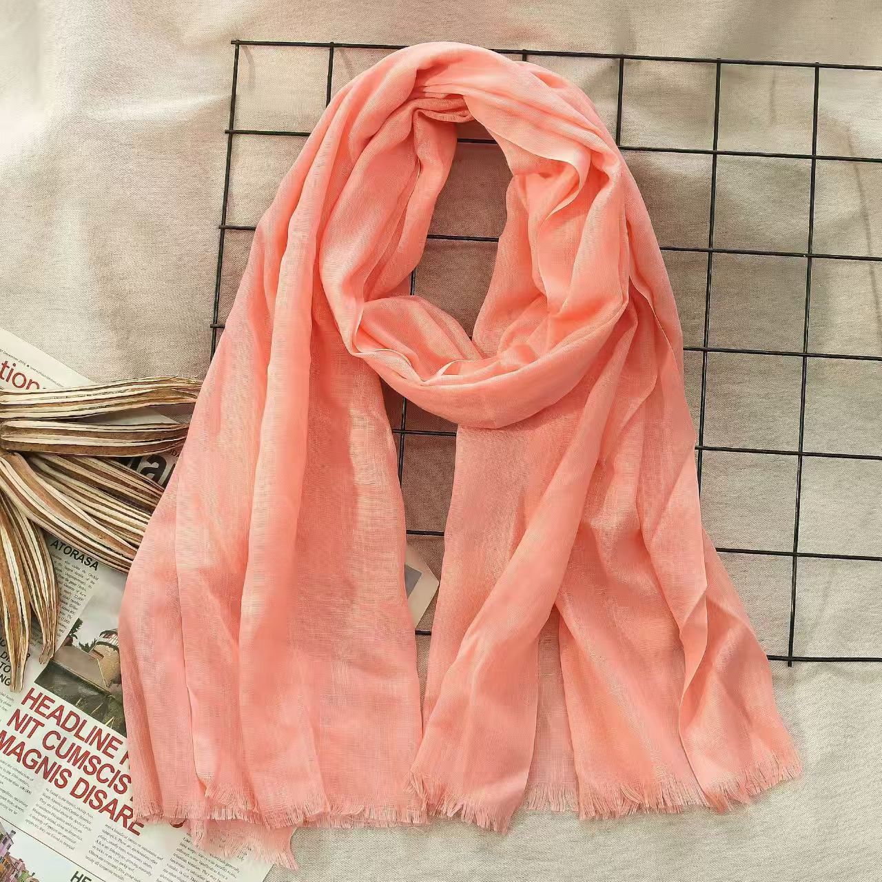 T719 solid color bamboo cotton scarf autumn and winter new two ends of the beard single color medium long scarf