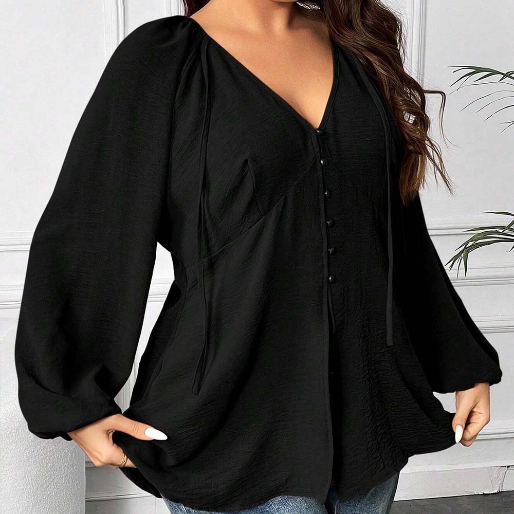 Plus Size Womens V-neck T-shirt Autumn and Winter Casual Commuting Style Loose Design Top
