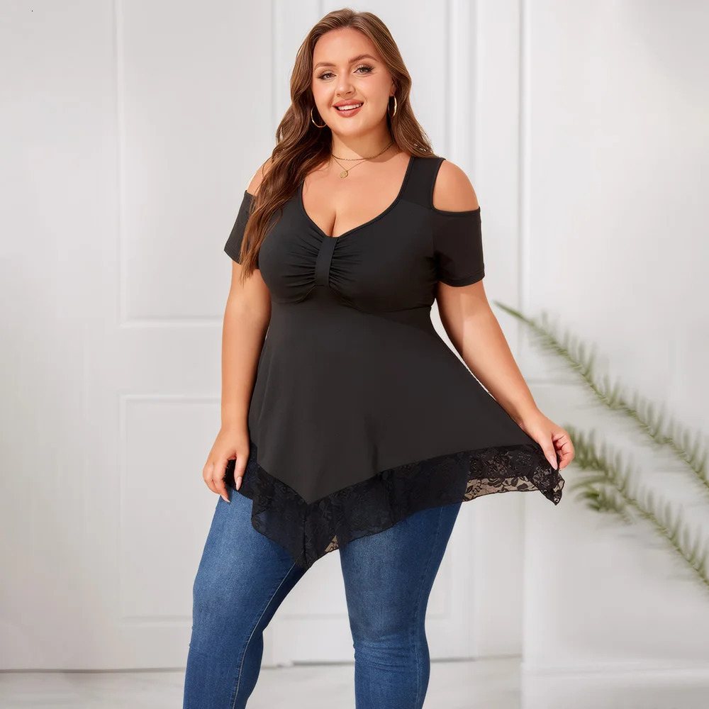 Plus Size Womens Lace Solid V-Neck Cold Shoulder Tunic Tops Summer Ladies Casual Blouse T Shirts Tee XL 2XL 3XL 4XL 5XL 6XL 250515