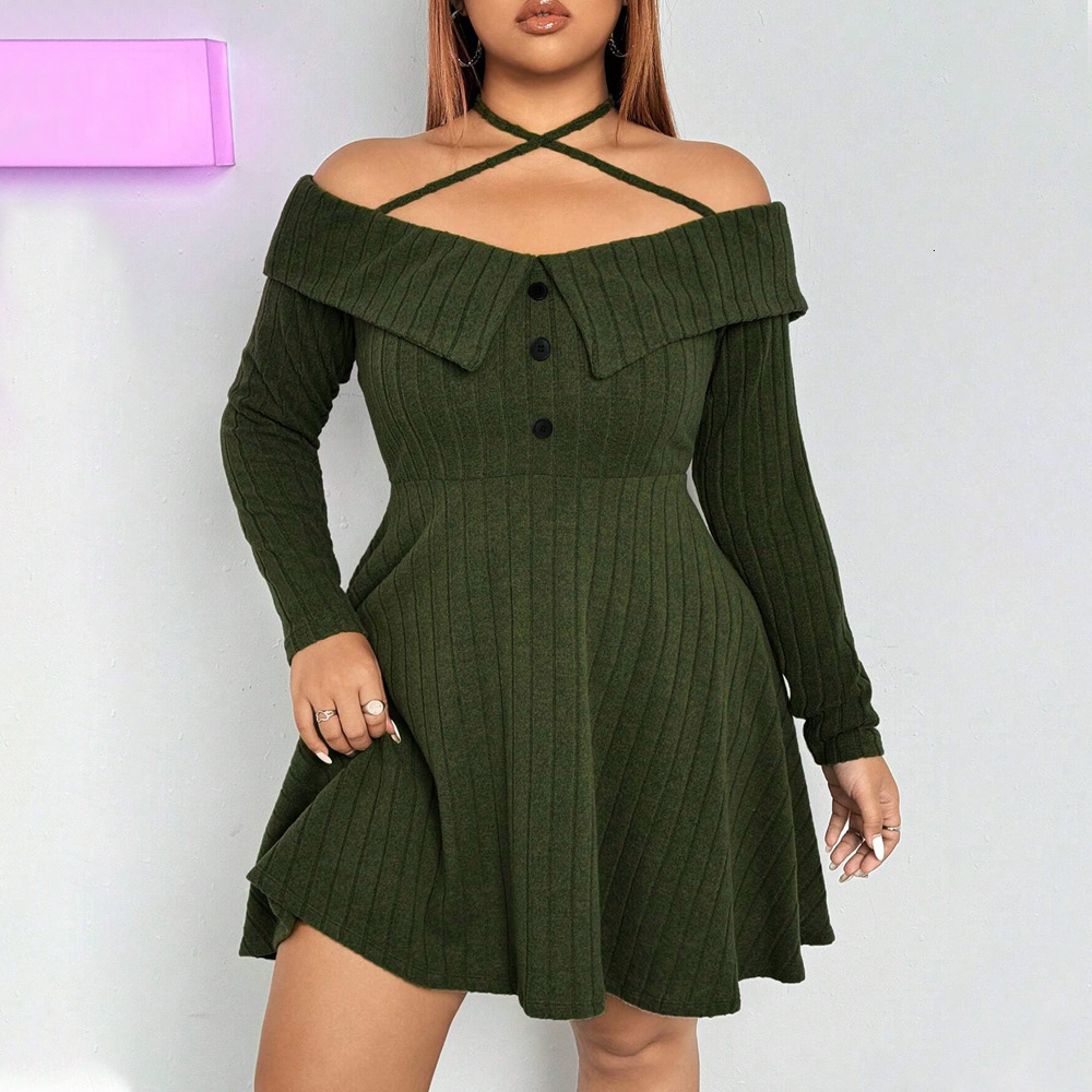 Oversized Womens Instagram Sexy Trendy Dress Autumn and Winter Hanging Neck Off Shoulder Design Short Skirt