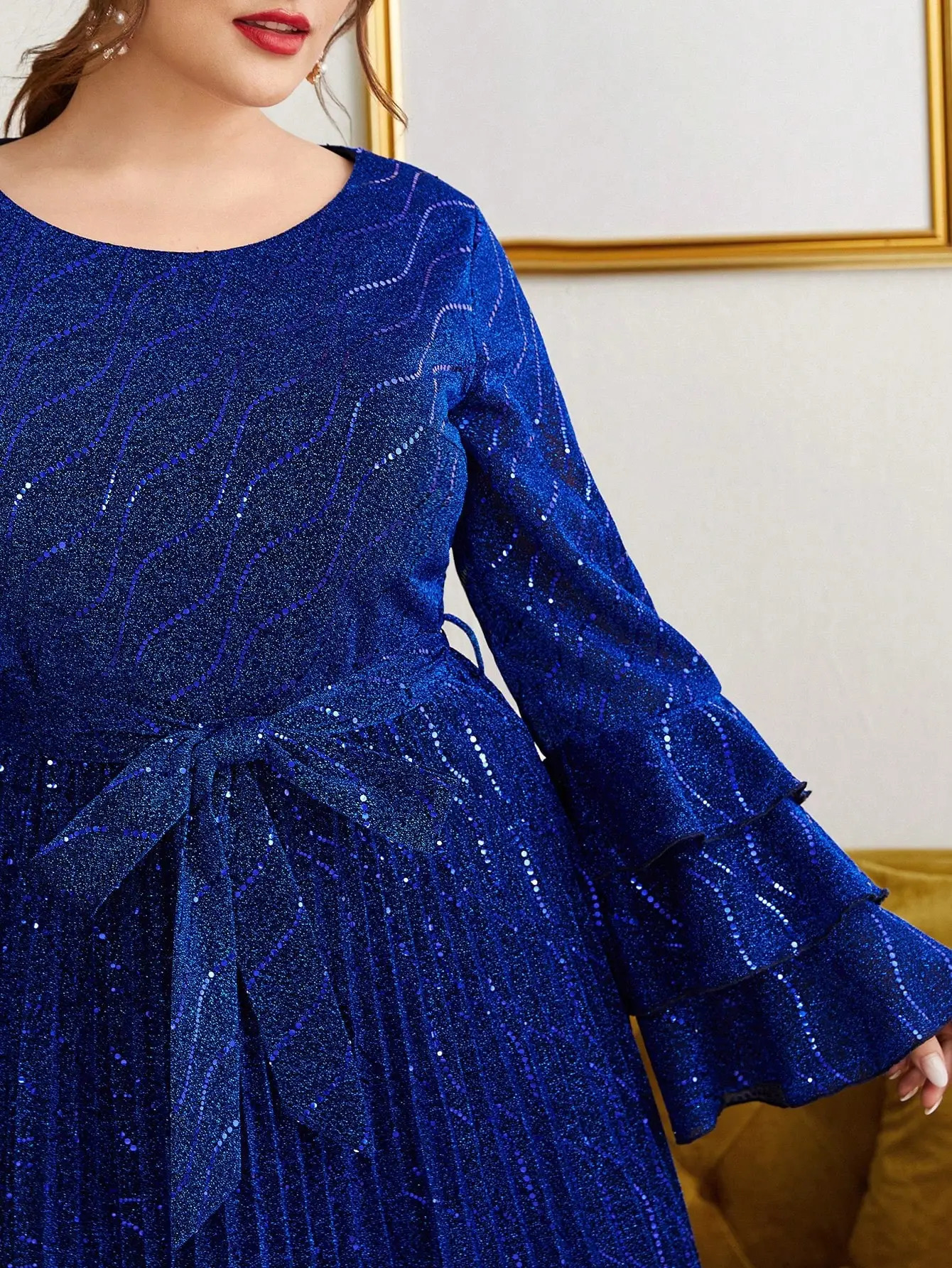 Mgiacy plus size round neck multilayer lotus long sleeved sun folding evening gown dance 250506