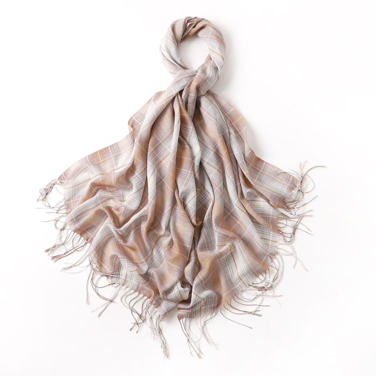 T721 Japanese style literary tassel plaid cotton and linen scarf Korean summer thin printed silk scarf female beach travel sunscreen shawl
