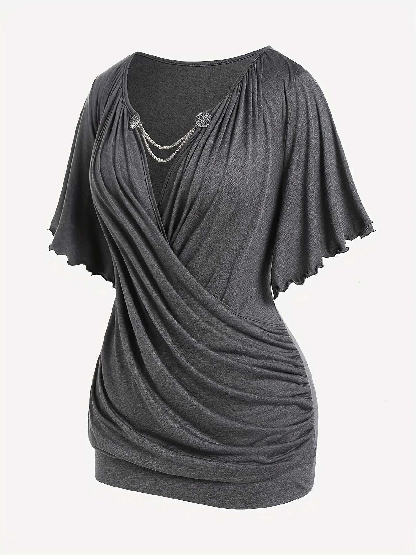 European and American hit fashion womens pleated chain embellished Vneck plussize Tshirt top 250514