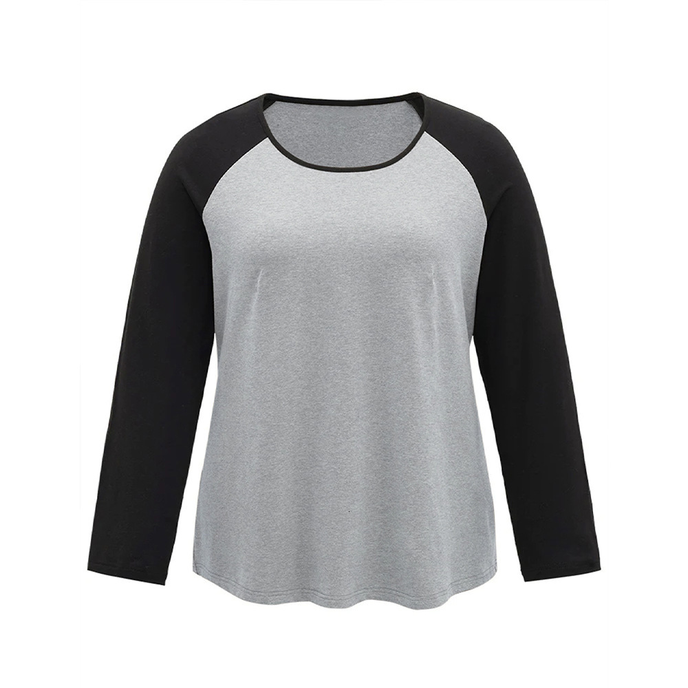 Large Size Womens Loose American Style Contrasting Splicing Design T-shirt Niche Casual Long Sleeved Top