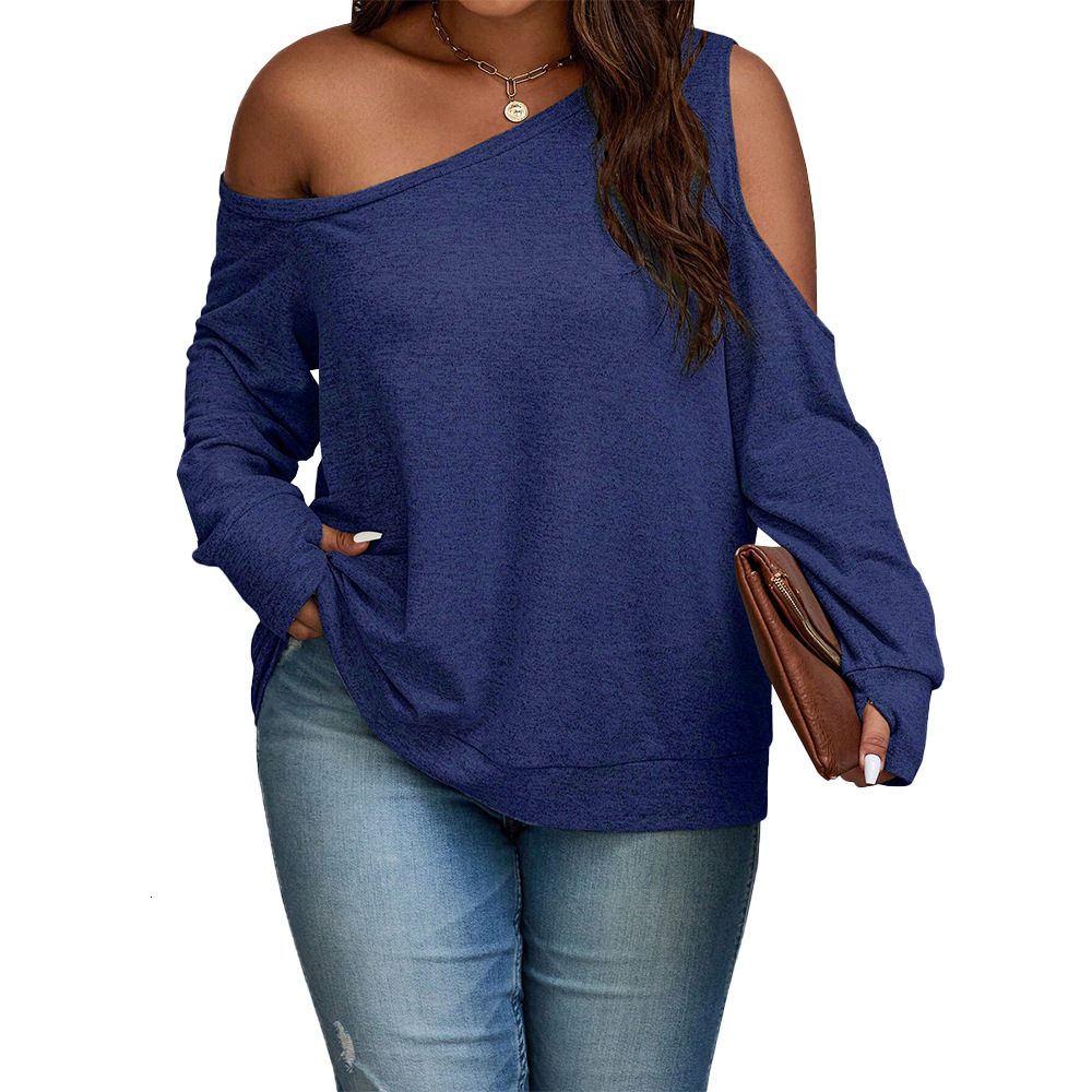 Plus Size Womens Instagram Trendy T-shirt Autumn/winter Diagonal Collar Off Shoulder Loose Slimming Top
