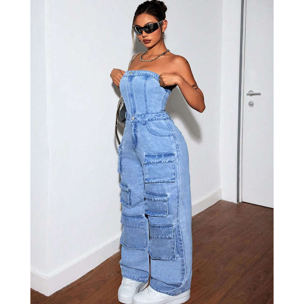 Wide Leg Jumpsuit Women S Denim Jumpsuit Women S Fashion Spicy Girl Strapless Multi Pocket Work Pants
