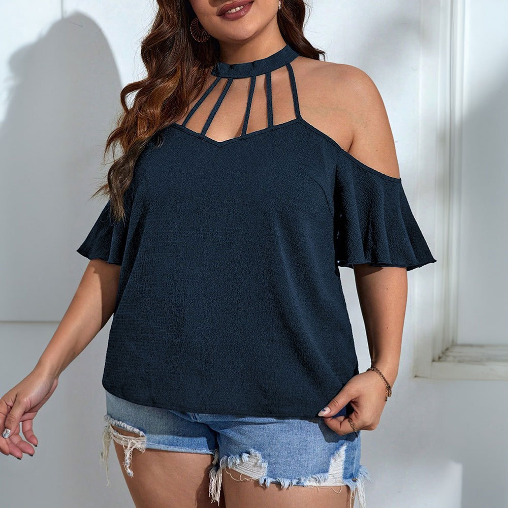 2025 Plus Size Womens Elegant Style T-shirt Summer New Style Hanging Neck Off Shoulder Slimming Short Sleeved Top