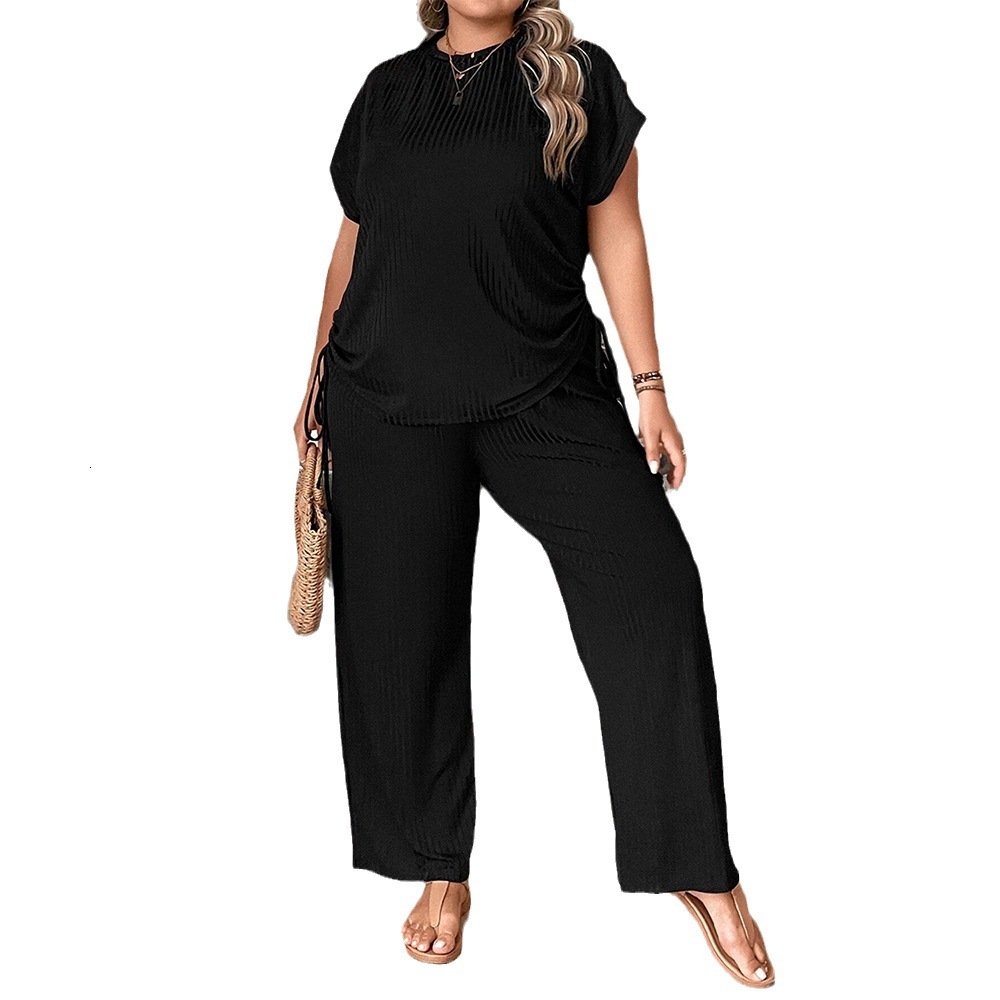 New Plus Size Womens Round Neck Loose Casual Short Sleeved T-shirt Elastic Wide Leg Pants Two-piece Set
