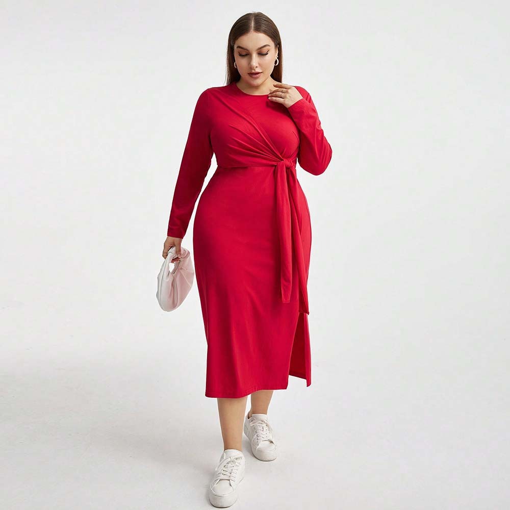 Plus Size Womens Elegant Style Autumn and Winter High Waisted Lace Up Hip Hugging Long Skirt Long Sleeved Dress