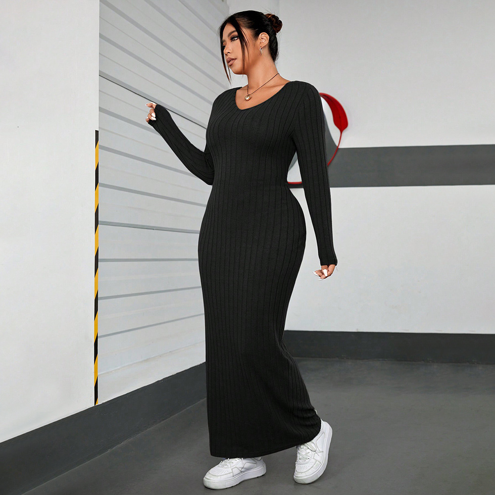 Plus Size Womens Long Sleeved Dress Autumn and Winter Minimalist Style Slim Fit Hip Hugging Long Skirt for Women