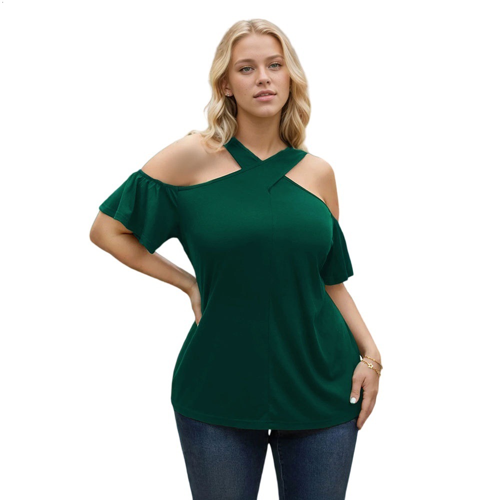 Womens Clothing 2025 Spring/summer New Elegant Style T-shirt Cross Hanging Neck Off Shoulder Top