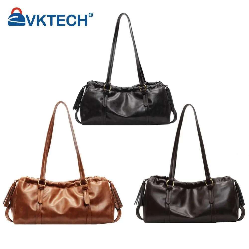 Womens Retro Vintage Tote Large Capacity PU Leather Fashion Drawstring Handbags Buckle Closure Armpit Bag For Outdoor Travel