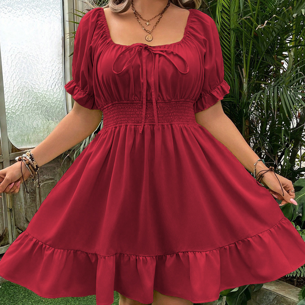 Large Size Womens Fresh and Sweet Style Wine Red Dress Summer Fairy Temperament A-line Short Skirt