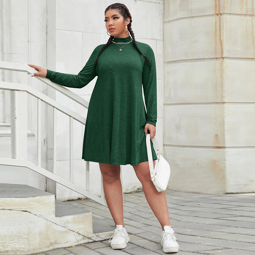 Autumn and Winter New Plus Size Womens Loose and Casual Half High Neck Long Sleeved Dress