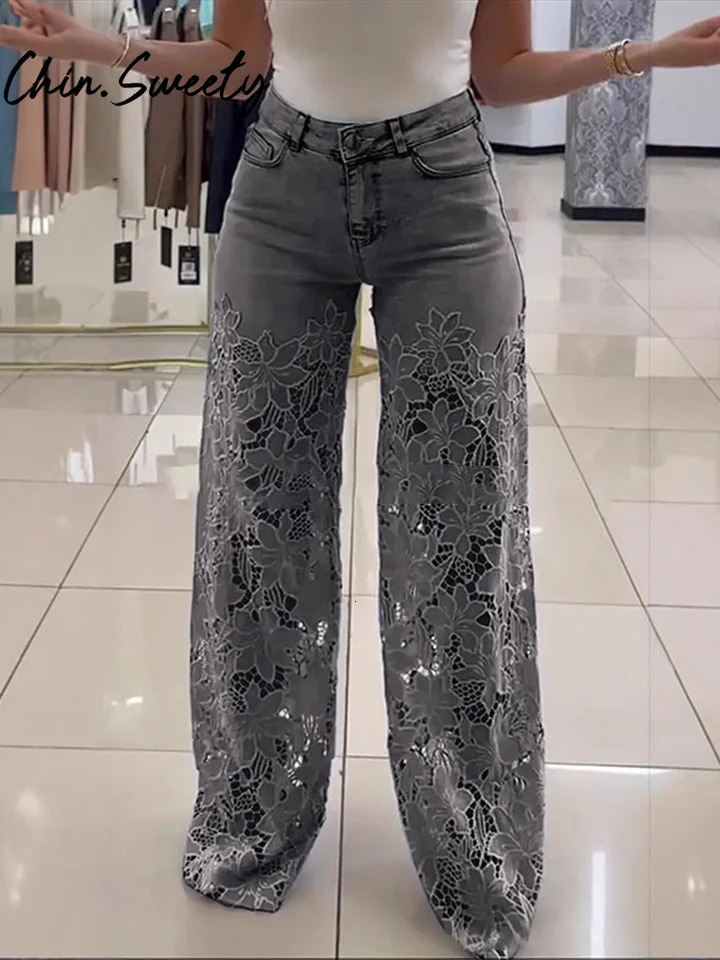 Urban crochet denim womens pants Elegan hollow zipper pocket button Trouser 2025 summer fashion streetwear 250506
