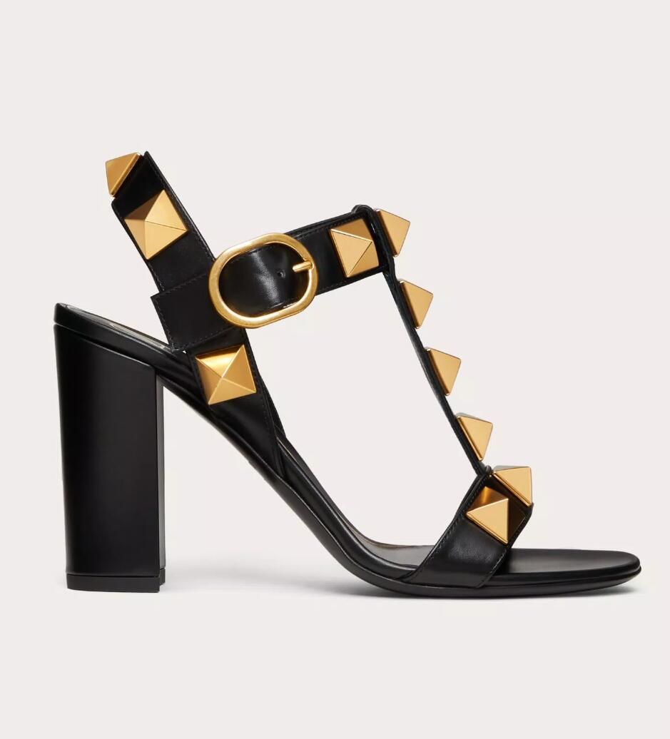 25S Elegant Roman Stud Calfskin Leather Sandals Shoes For Women Maxi Stud Wide Leather-covered Heel Summer Luxury Lady Gladiator Sandalias EU35-43