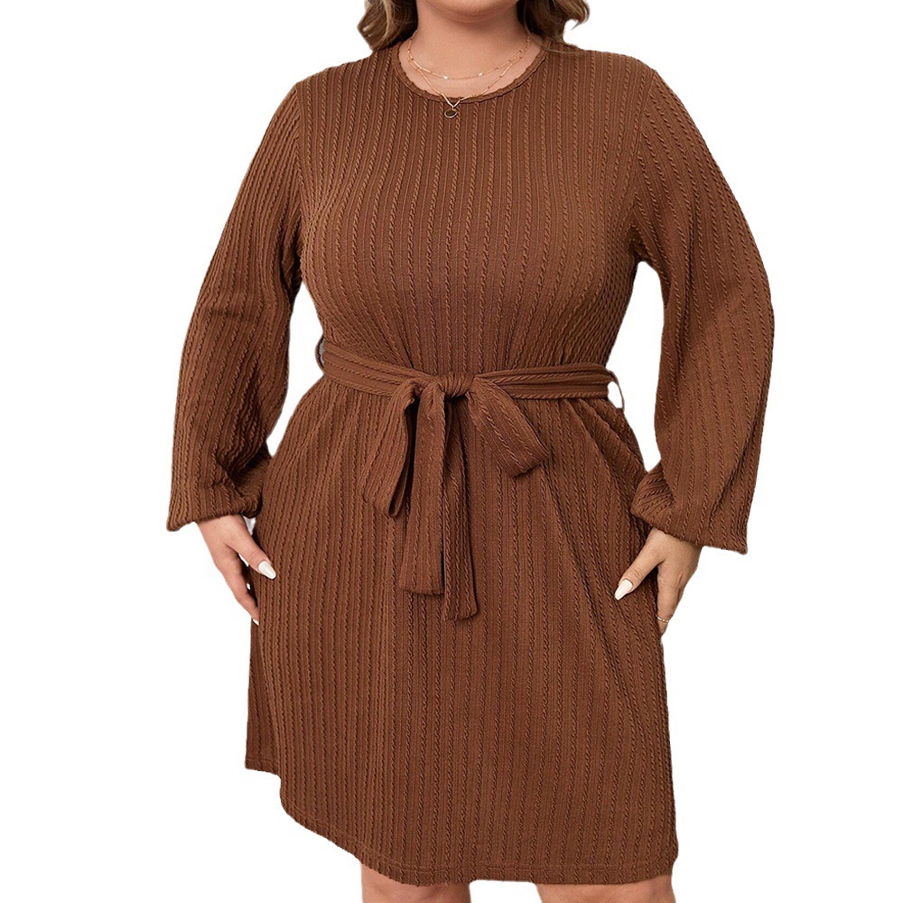 Large Size Womens New Collection Waist Cinched Round Neck Bubble Sleeves A-line Skirt Temperament Commuting Dress
