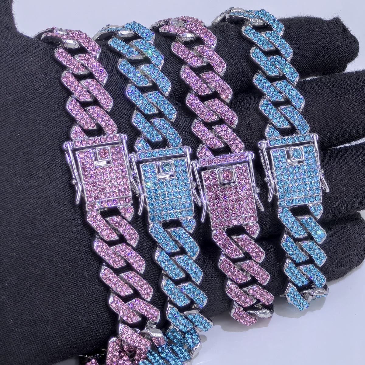 Charming Male Jewelry Accessory: Polished Rhodium Plated Chunky Curb Band Featuring Vibrant Semi Precious Beads