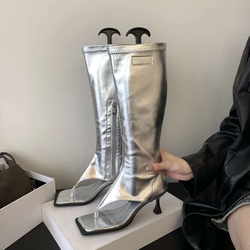 Eilyken Sier Open Toe Clip-On Knee High Boots Women Modern Booties Thin Low Heels Side Zipper Spring Party Pumps Sandals Shoe