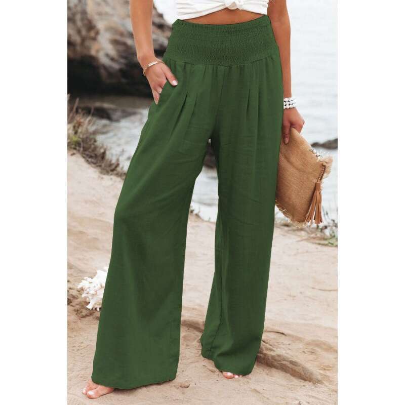 2025 Spring/summer Cotton and Hemp Large Size Womens Wide Leg Elastic Waist Casual Long Pants Versatile Long Ventilation Solid New Product New Arrival