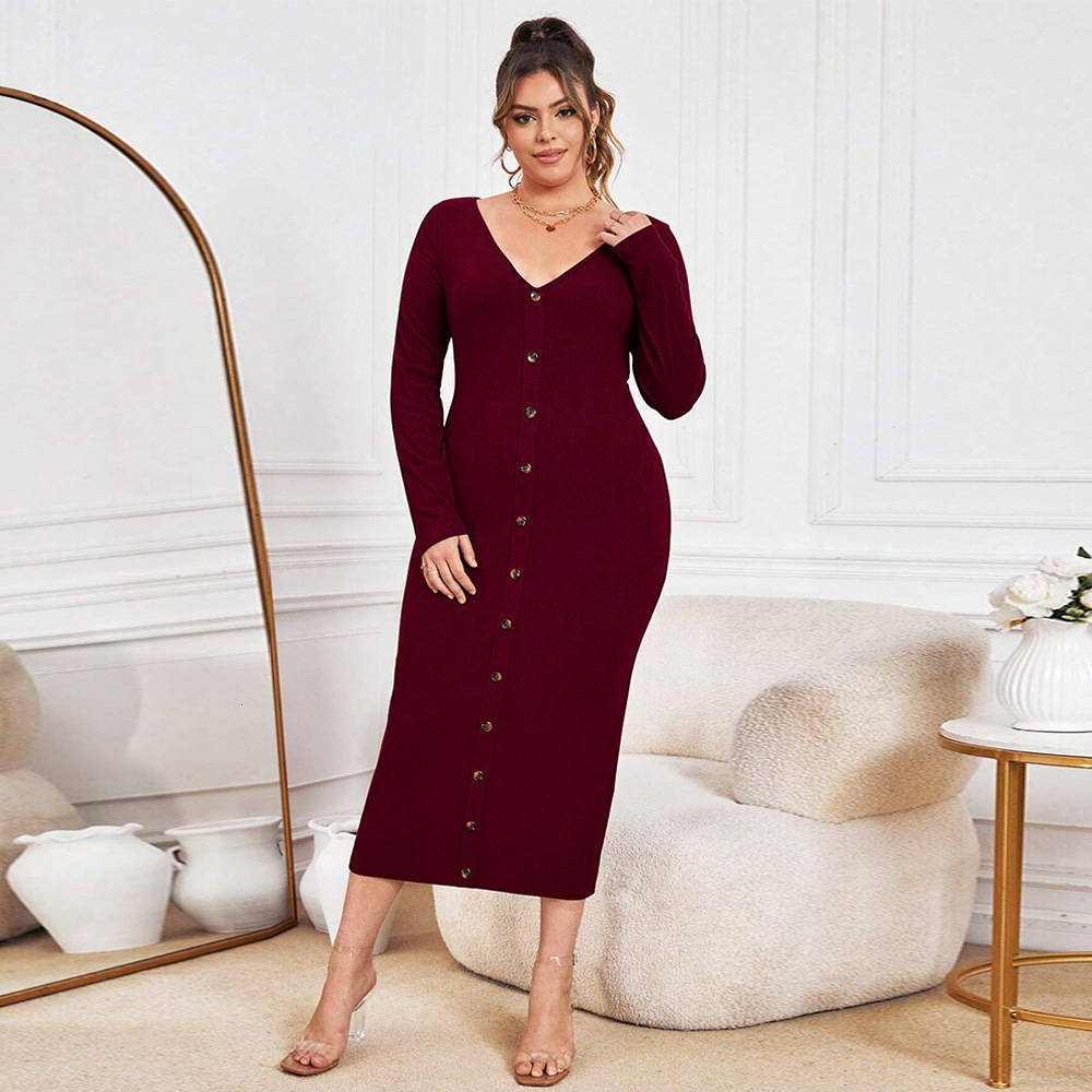 Large Size Womens Autumn and Winter New Slim Fit Bag Hip Knitted Skirt Sexy V-neck Long Dress