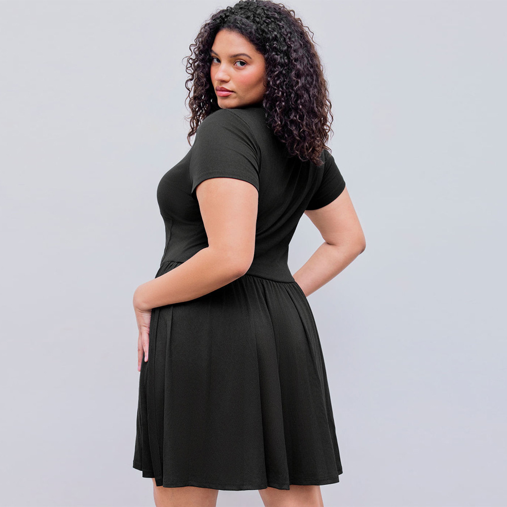 Large Size Womens French Style Waist Cinching Slimming Short Sleeved Fishbone Short Skirt Dress