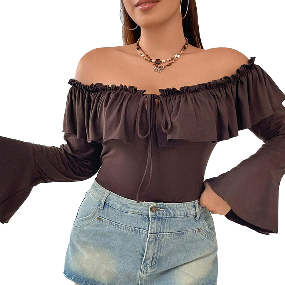 Large Womens Clothing Autumn and Winter New Item Ruffled Flared Sleeves Slim Fit Temperament One Collar Top