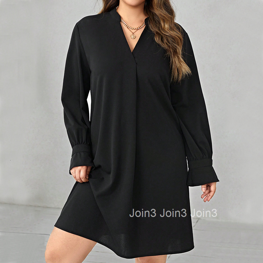 Plus Size Womens Autumn and Winter New V-neck Solid Color Long Sleeved Loose Casual Dress