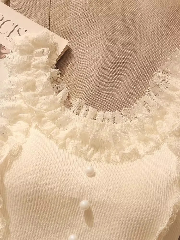 Korean Lace Patchwork Crop Top Women UNeck Knitted Stretch Tank 2025 Summer Female White Cami 250506