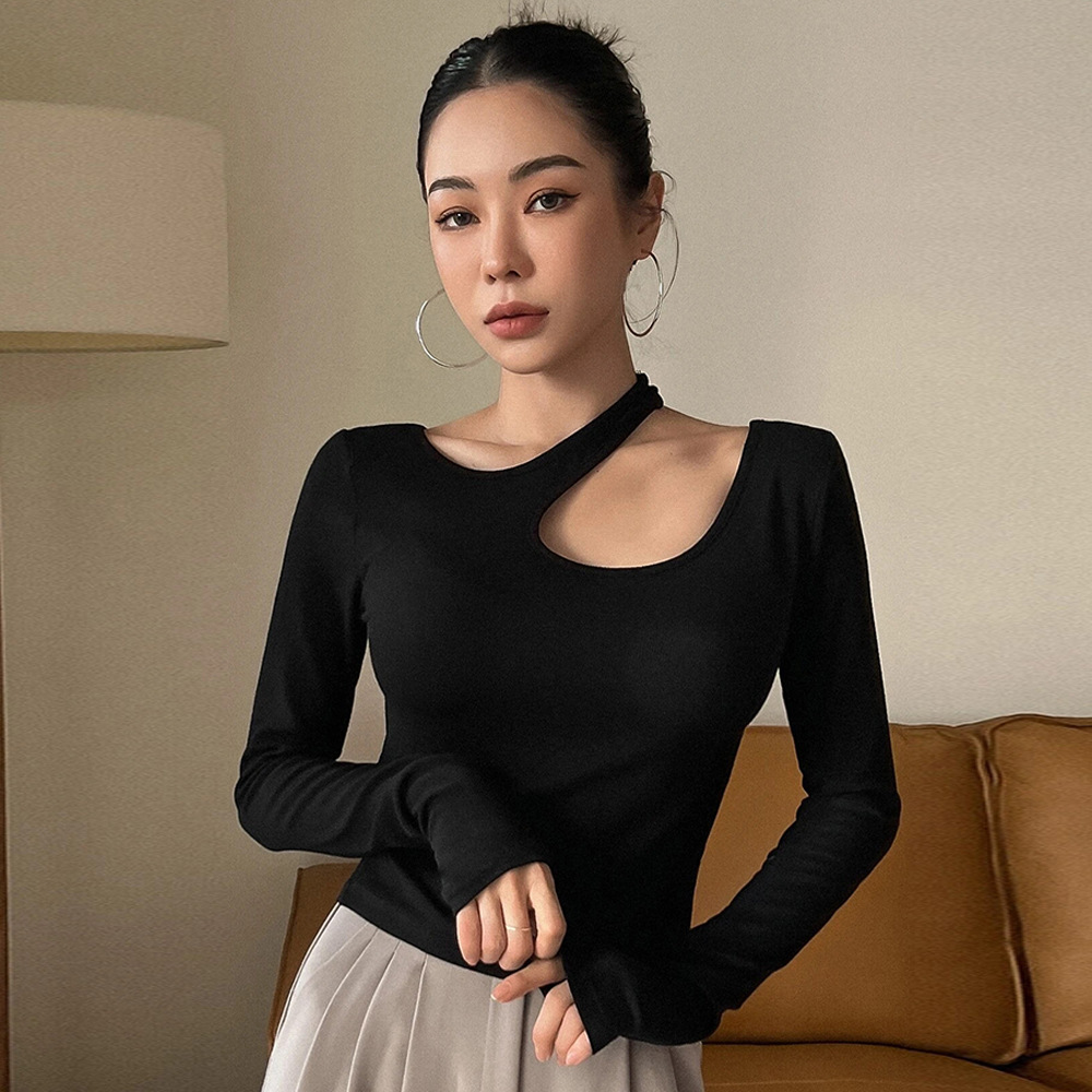 Autumn and Winter New Design Sense Slim Fit Casual Base Shirt Irregular Slimming and Simple Korean Long Sleeved Knitted Top
