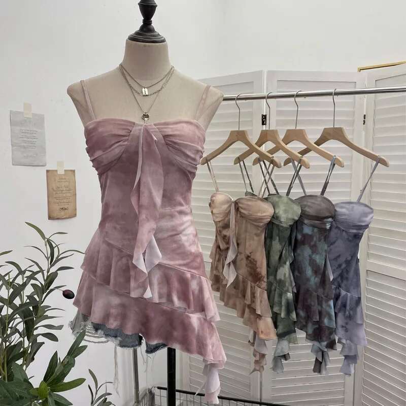 New Women's Smudged Mesh Spaghetti Strap Camisole With Breast Pads Irregular Ruffled Top Y2k Essential Streetwear Outfits 1139