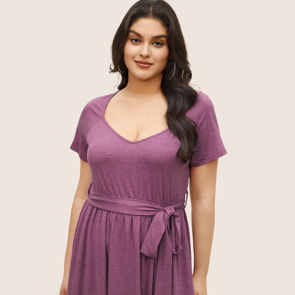 Large Size Womens New V-neck Waist Cinched Pocket Short Sleeved Long Skirt Casual Dress