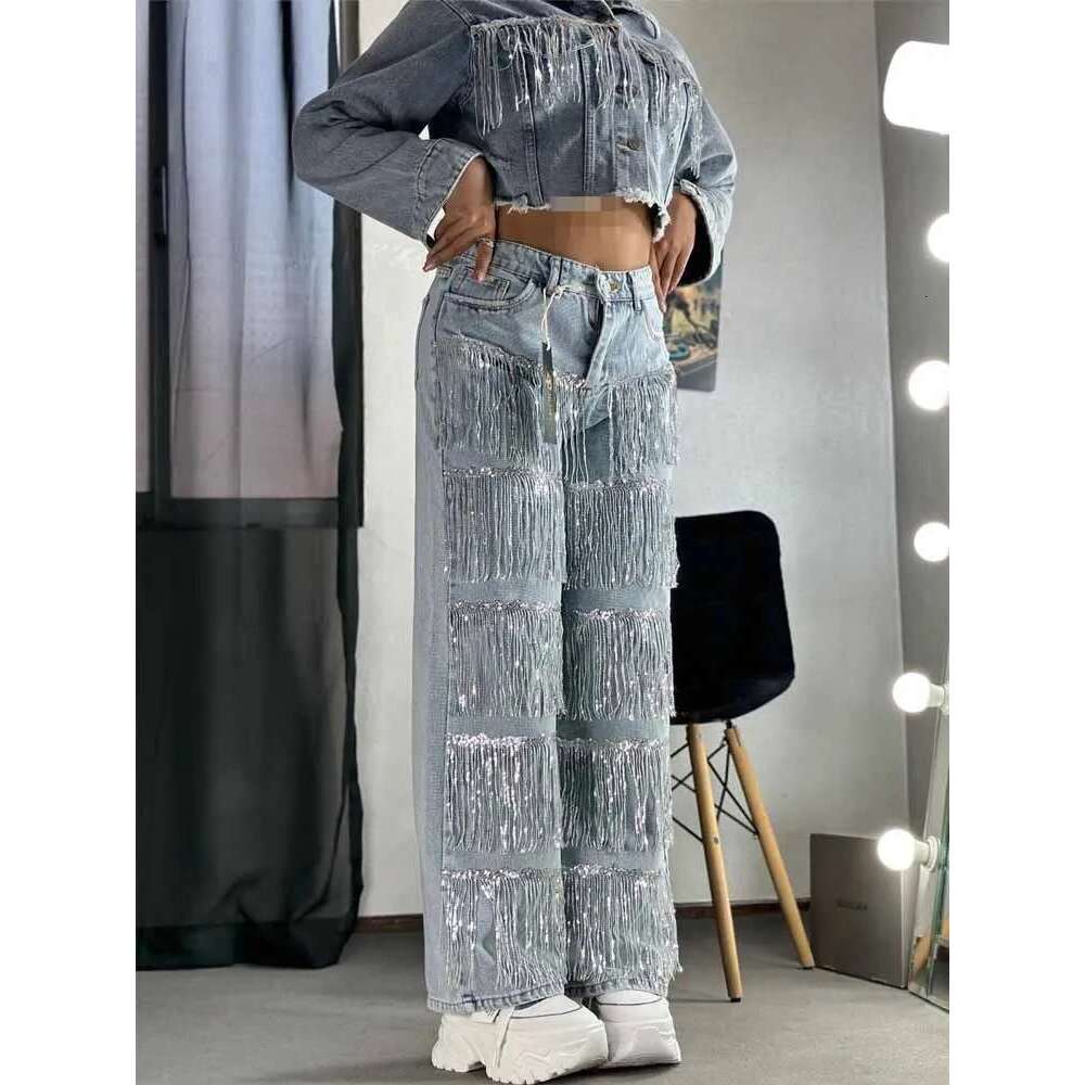 Fashion Sequined Tassel Women's New High Waist Straight Denim Pants Streetwear Hip Hop Blue Shiny Jeans Trousers