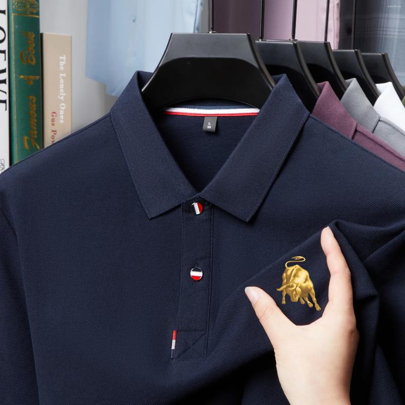 Mens Polos %Cotton Summer Fashionable Luxury Short Sleeved Polo Shirt Designer Paired With A Golden Cow Print Pattern Casual T-shirt