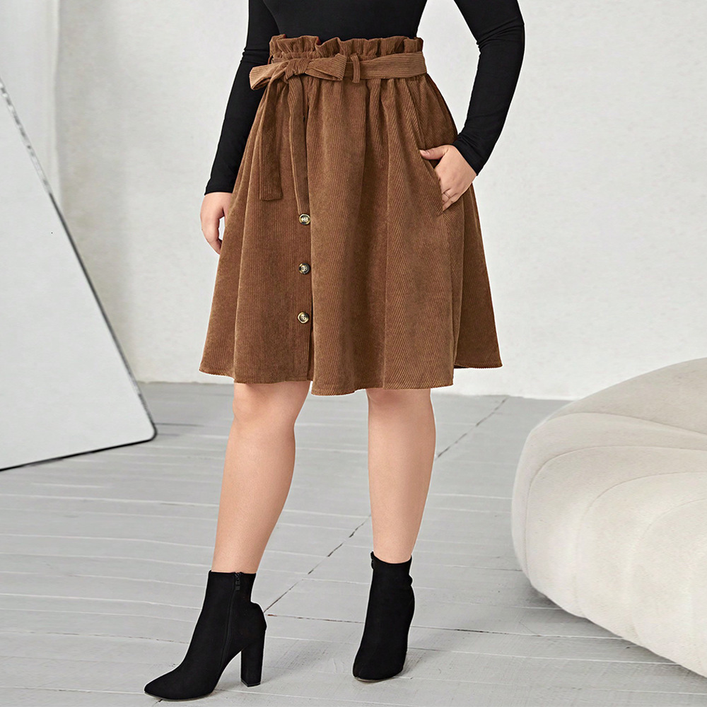 Oversized Womens A-line Umbrella Skirt Looks Slim High Waist Casual Lace Up Corduroy Half Length Skirt