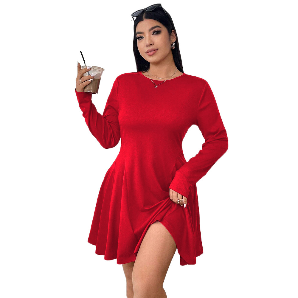 Large Size Womens Simple and Pure Red Dress Autumn and Winter High Waist Slim Fit Mid Length Skirt