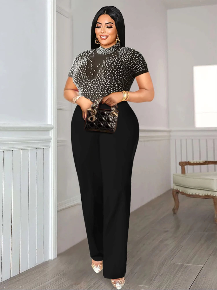 Plus Size Jumpsuits for Women See Through Beading Long Sleeve Beige Black Empire Wide Leg One Piece Outfits Rompers 250515