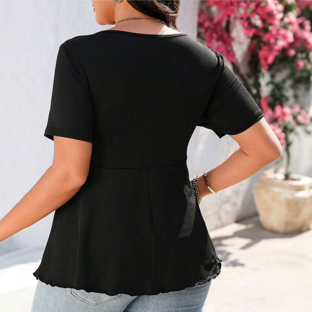 Large Size Womens Elegant Style T-shirt Summer Square Neck Slim Fit and Slimming Top